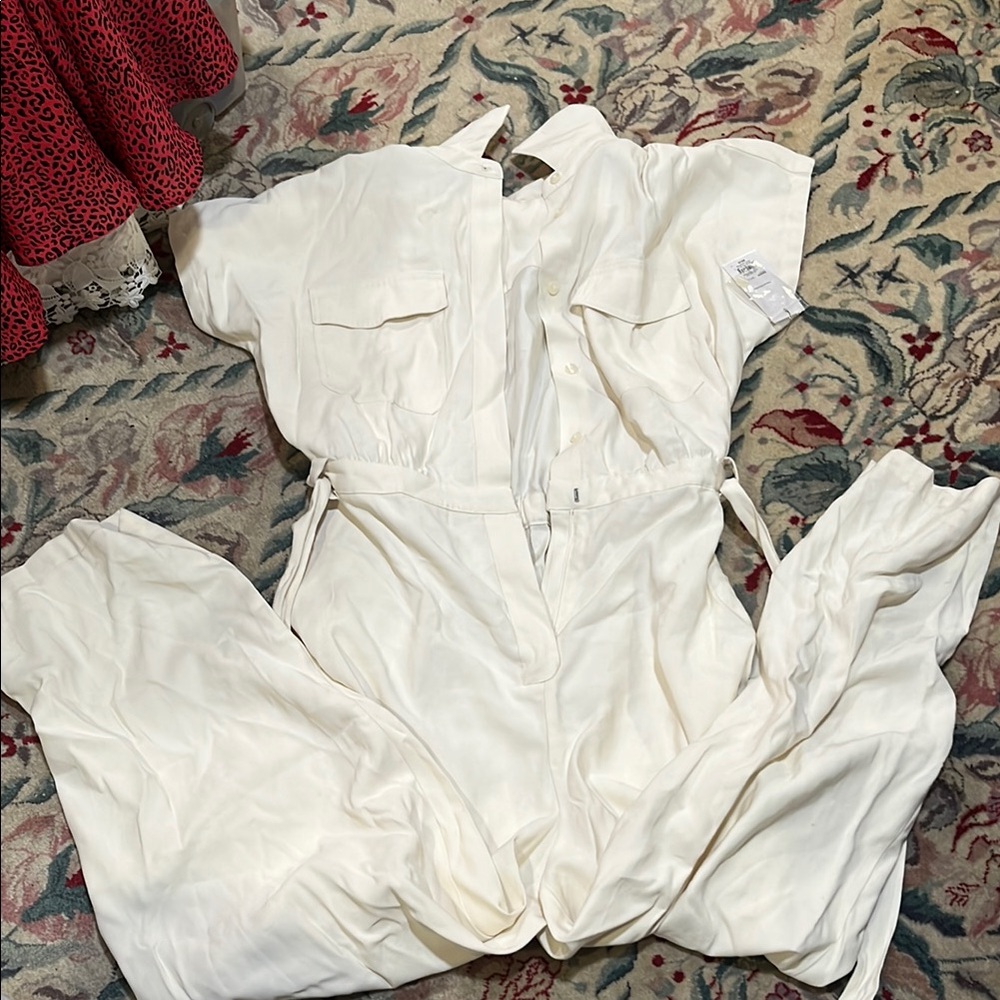 Nine West White Utility Jumpsuit with Short Sleeves